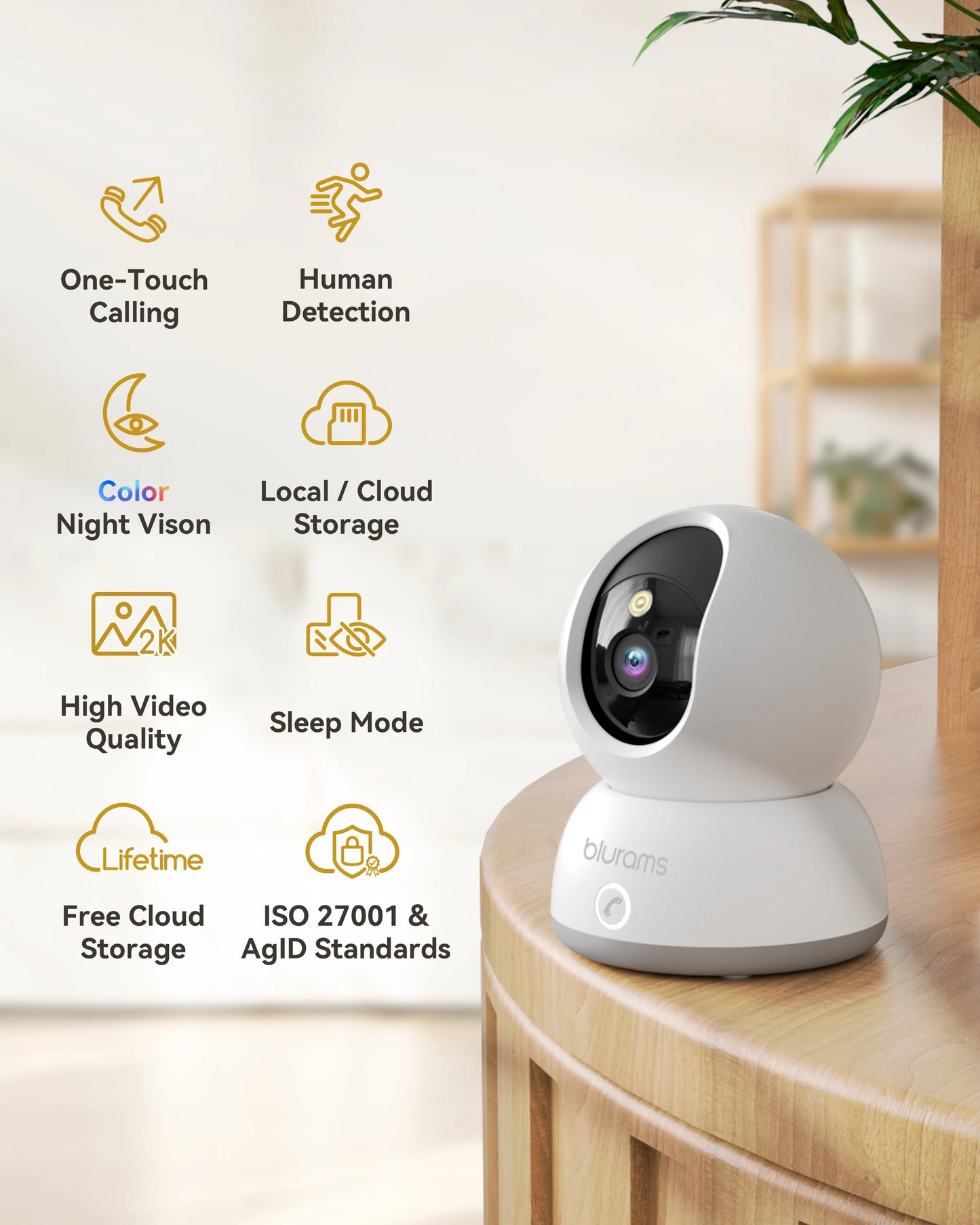 blurams Indoor Security Camera 2K, Home Security Camera for Dog/Baby Monitor/Elder, Security Camera with One-Touch Call, Color N