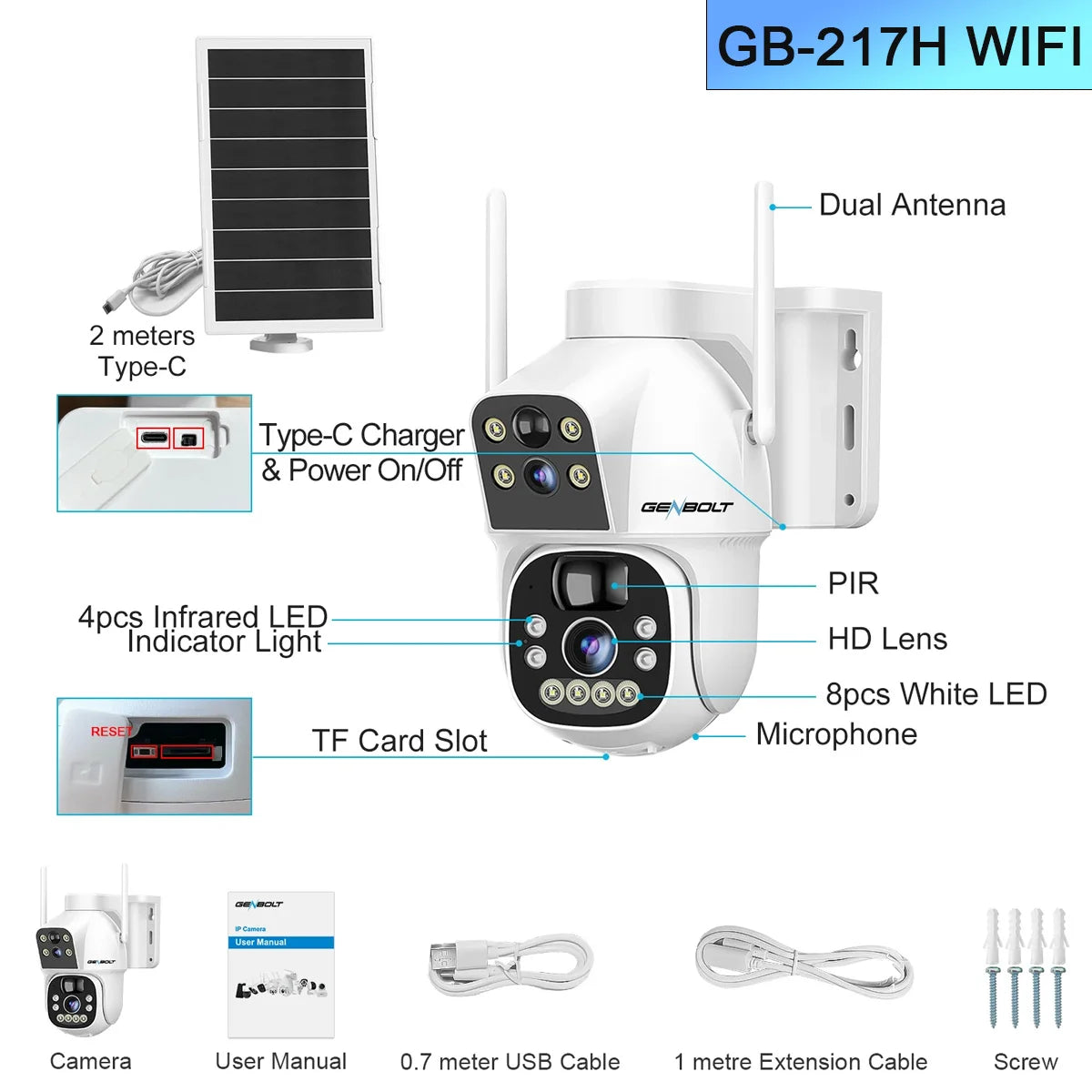 GENBOLT Outdoor Solar Security WIFI Camera AOV 24/7,Dual Motion Detection,15600mAh Battery Night Vision for Patio/Garage