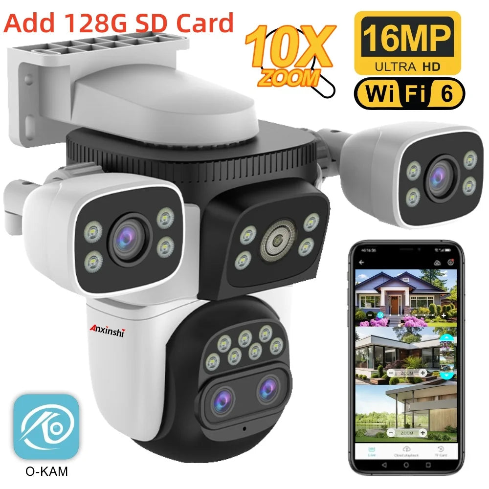 Four Lens Three Screen 16MP 10X Zoom Wifi Outdoor Surveillance Security Camera Full Color Night Vision Two-way Voice
