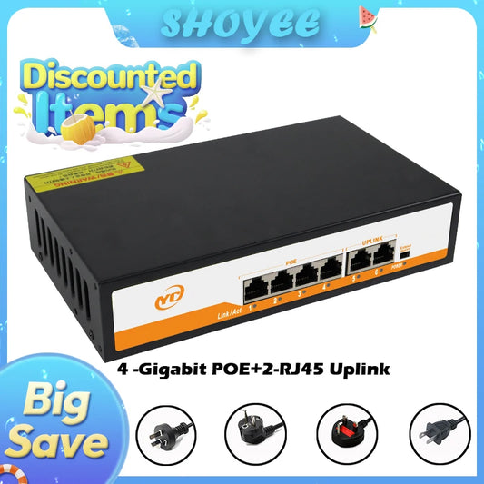 New 6-Port Gigabit POE RJ45 Ethernet Switch with for 802.3af/at Uplink Unmanaged Plug and Play,for IP Camera/NVR