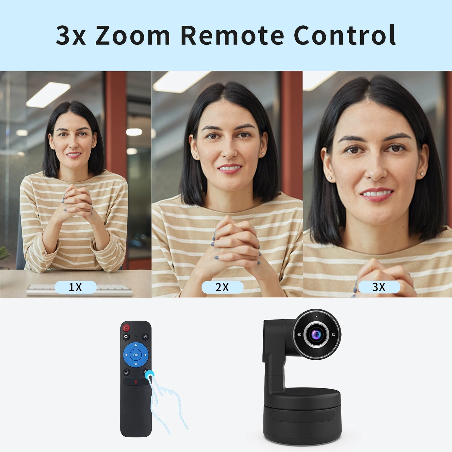 AI Function 4K PTZ Webcam with Mics Camera 3X Digital Zoom Auto Track Focus for Youtube Living Stream Online Meet Video Camera
