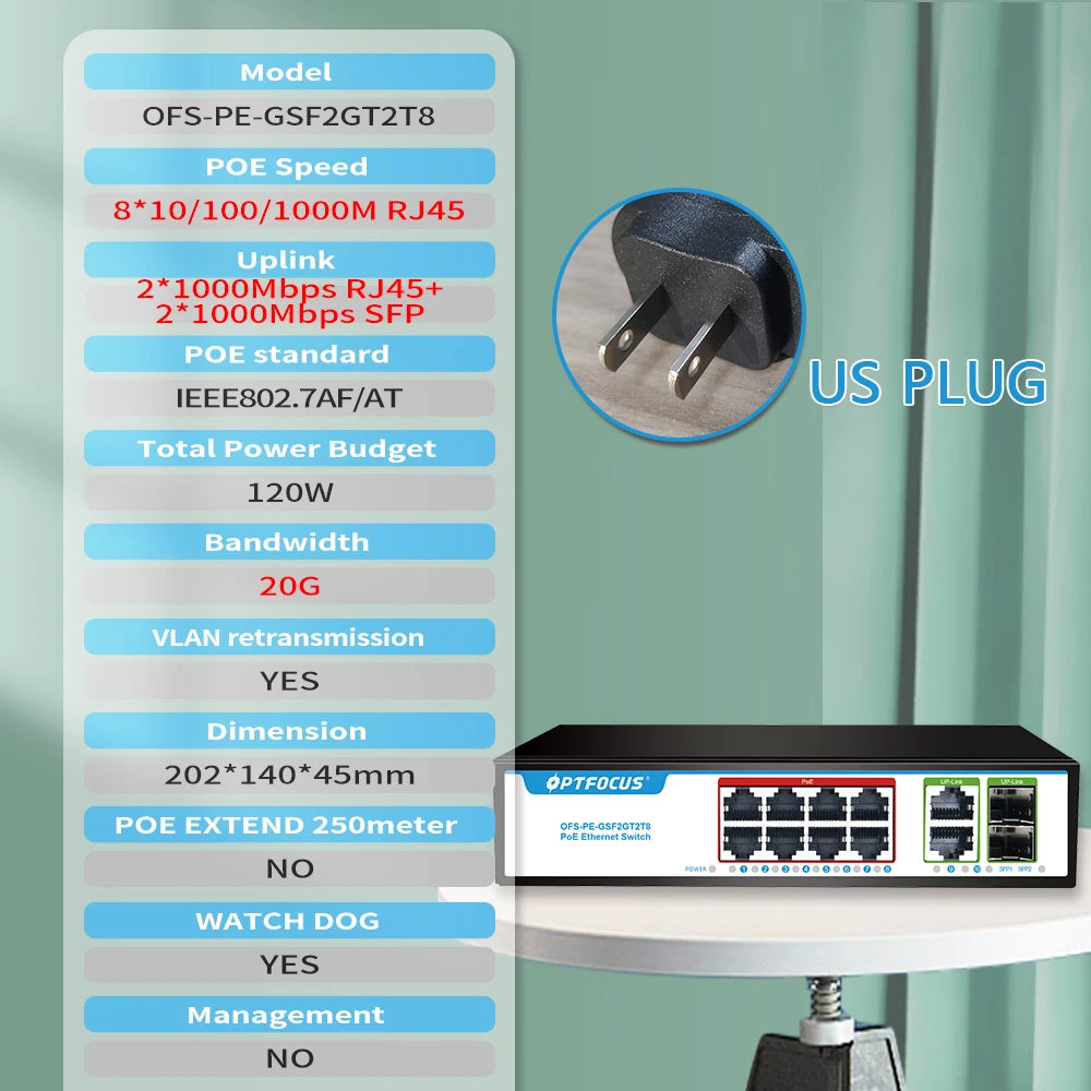 OPTFOCUS 120W PoE Switch With Eight PoE Ports And SFP