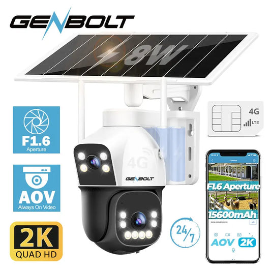 GENBOLT 4G Solar Security Camera No WiFi Outdoor, Dual Lens Spotlight Color Night Vision AOV 24/7 Recording, 8W 15600mAh HCCTV