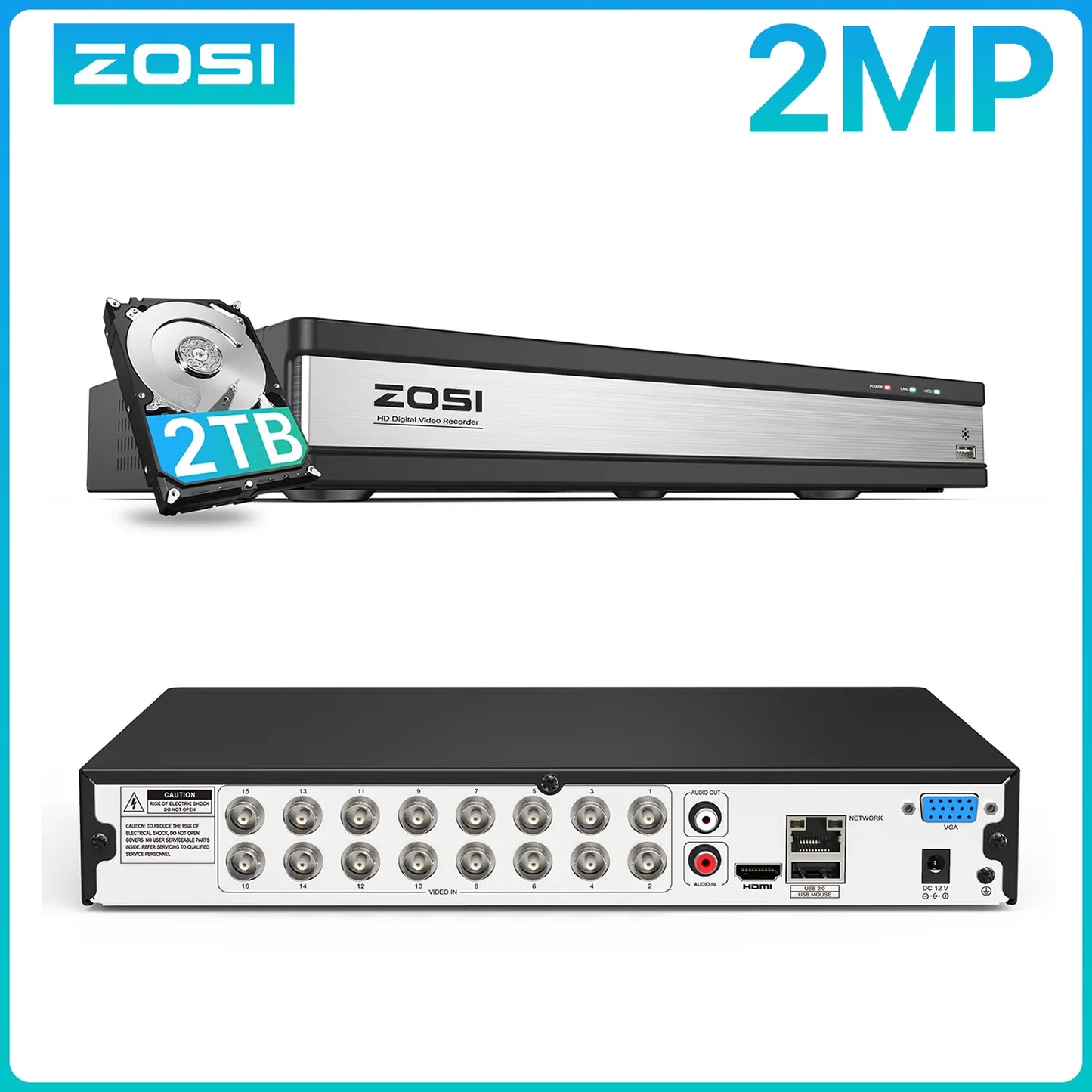 ZOSI 3K Lite H.265+ 16 Channel Video Security DVR Recorder AI Detection 16CH Hybrid 4-in-1 CCTV DVR for Home Surveillance System