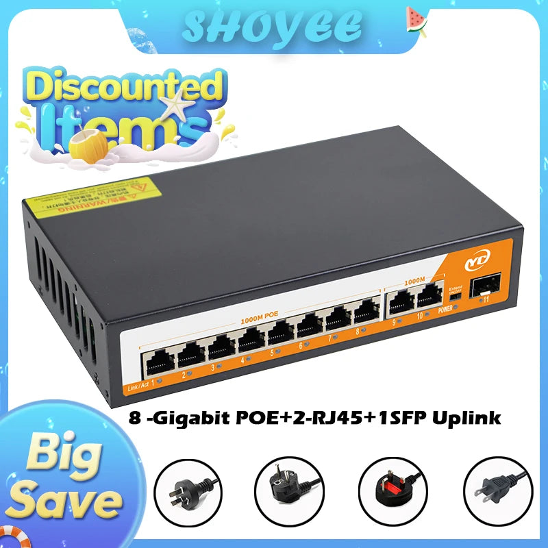 11-Port Gigabit POE RJ45 SPF Ethernet Switch with for 802.3af/at Uplink Unmanaged Plug and Play,for IP Camera/NVR