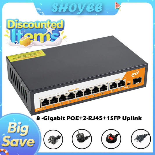 11-Port Gigabit POE RJ45 SPF Ethernet Switch with for 802.3af/at Uplink Unmanaged Plug and Play,for IP Camera/NVR