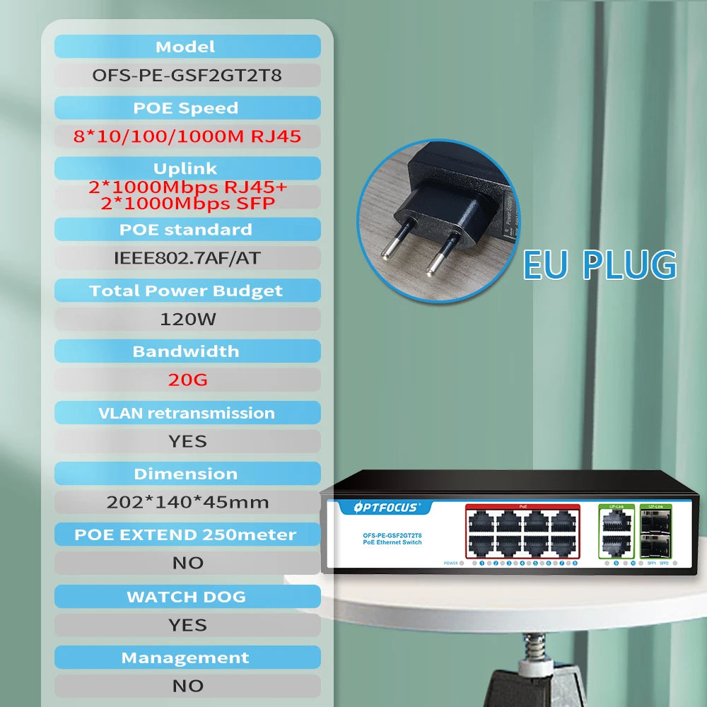 OPTFOCUS 120W 8 gigait poe+2 RJ45+2 SFP Gigabit fiber Durable PoE+ SFP Fibra 8 portas Ativo Passivo Sfp Poe 48v Gigabit Switch