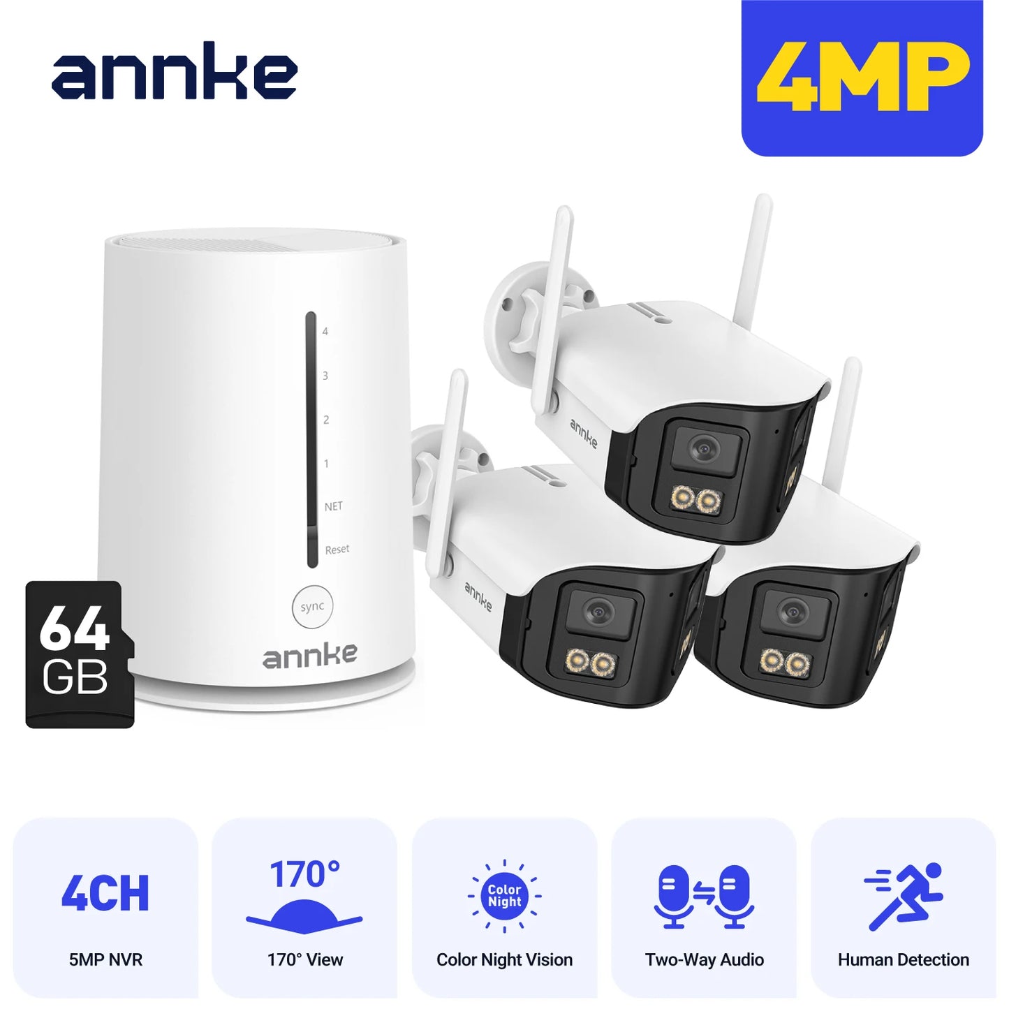 ANNKE 4MP Wifi security camera 4CH Wireless NVR 1/2/3/4PCS 4MP wifi camera outdoor Two Way Audio 64GB TF Dual Lens poe cameras