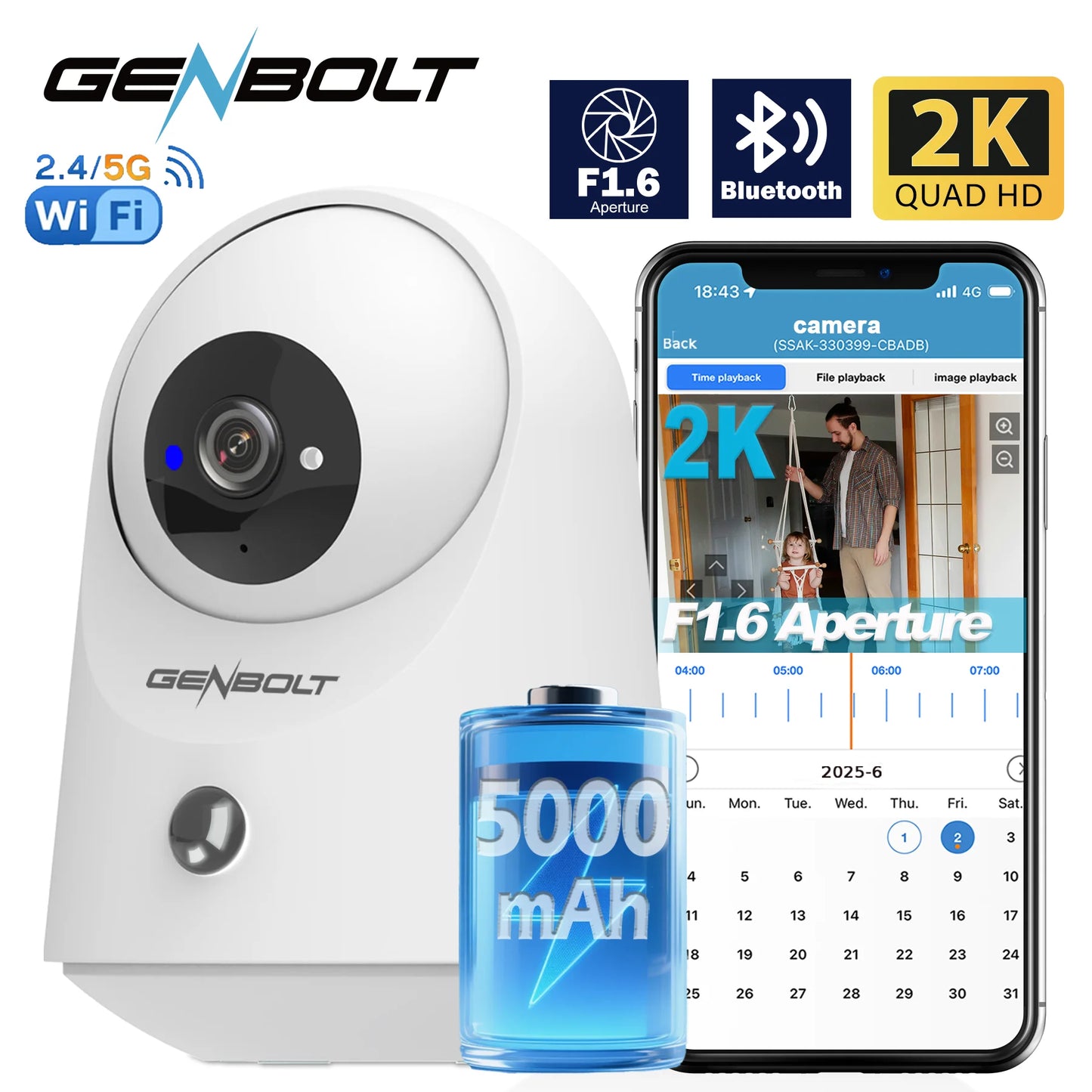 GENBOLT 2K WiFi Indoor House Security Camera Wireless, Pan Tilt Pet Camera with 5000mAh Battery Powered, IP Camera CCTV Nanny Dog Cam Baby Monitor with PIR Detection