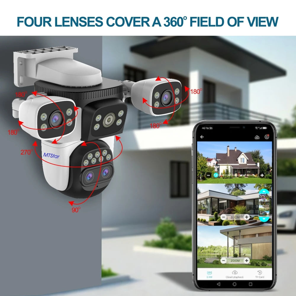Four Lens Three Screen 16MP 10X Zoom Wifi Outdoor Surveillance Security Camera Full Color Night Vision Two-way Voice