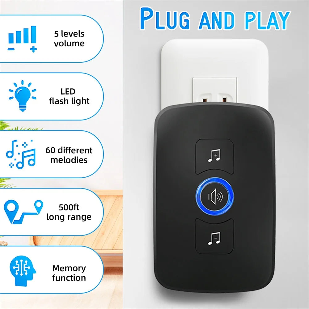 Wireless Doorbell with Button Door Bell for Smart Home Security 500ft Remote Cordless 60 Chimes 433MHZ 5 Levels Volume