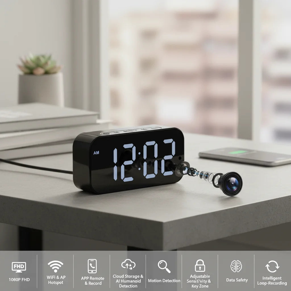1080P HD WiFi Alarm Clock Security Camera Wireless Indoor Surveillance Monitor with Motion Detection, Remote View, Micro SD Card Loop Recording, Multifunctional Desk Clock Alarm Device for Home Bedroom Office Shop Warehouse I