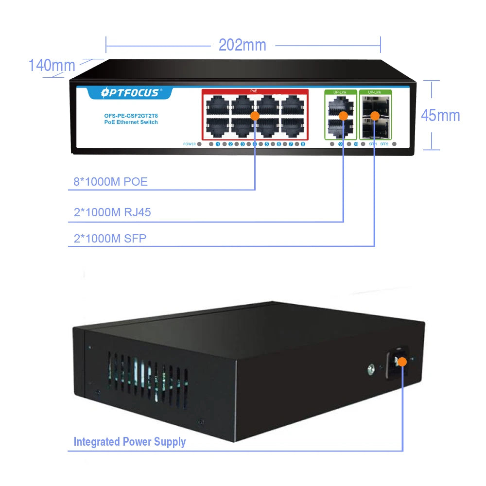 OPTFOCUS 120W PoE Switch With Eight PoE Ports And SFP