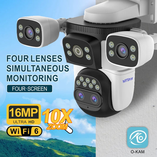 Four Lens Three Screen 16MP 10X Zoom Wifi Outdoor Surveillance Security Camera Full Color Night Vision Two-way Voice