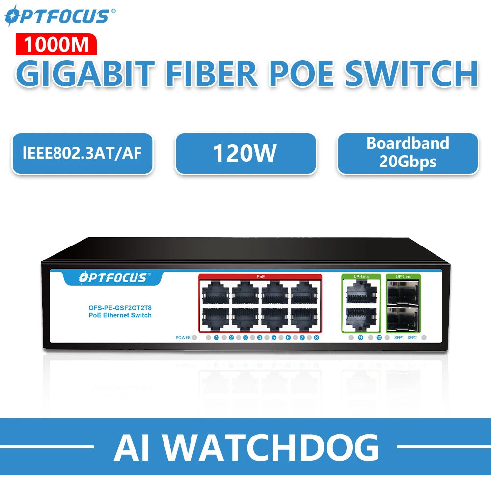 OPTFOCUS 120W PoE Switch With Eight PoE Ports And SFP