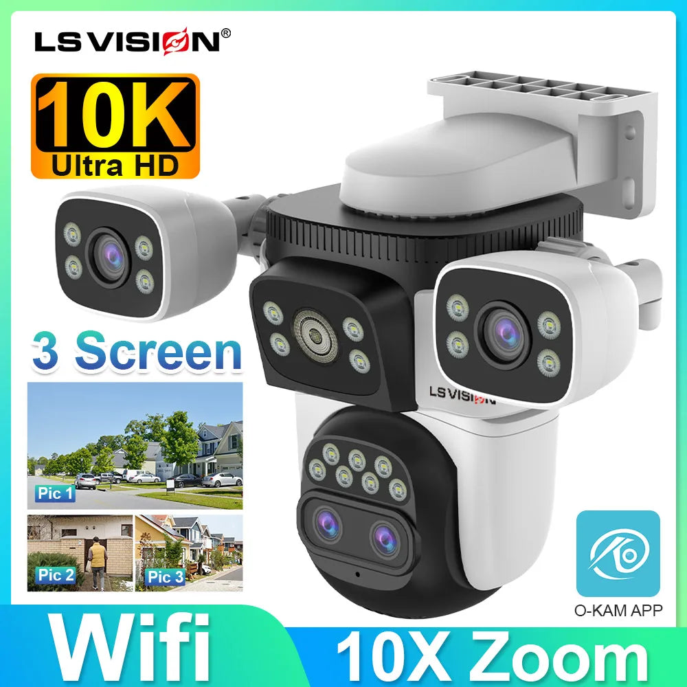 LS VISION 20mp 3 Screens Outdoor Surveillance Camera Wifi Camera 10X Zoom  10k PTZ Auto Tracking Two-way Audio Cctv Cam