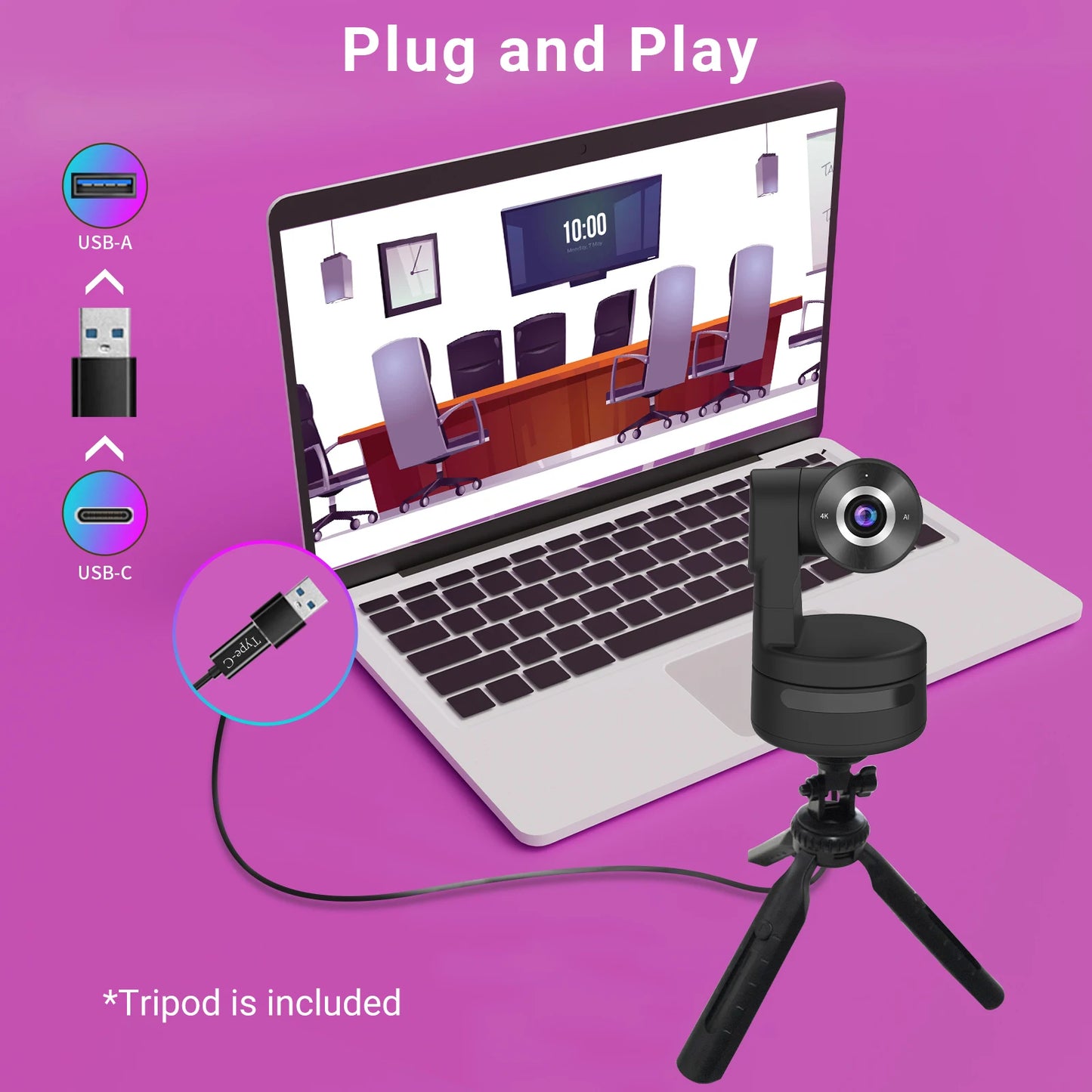 AI Function 4K PTZ Webcam with Mics Camera 3X Digital Zoom Auto Track Focus for Youtube Living Stream Online Meet Video Camera