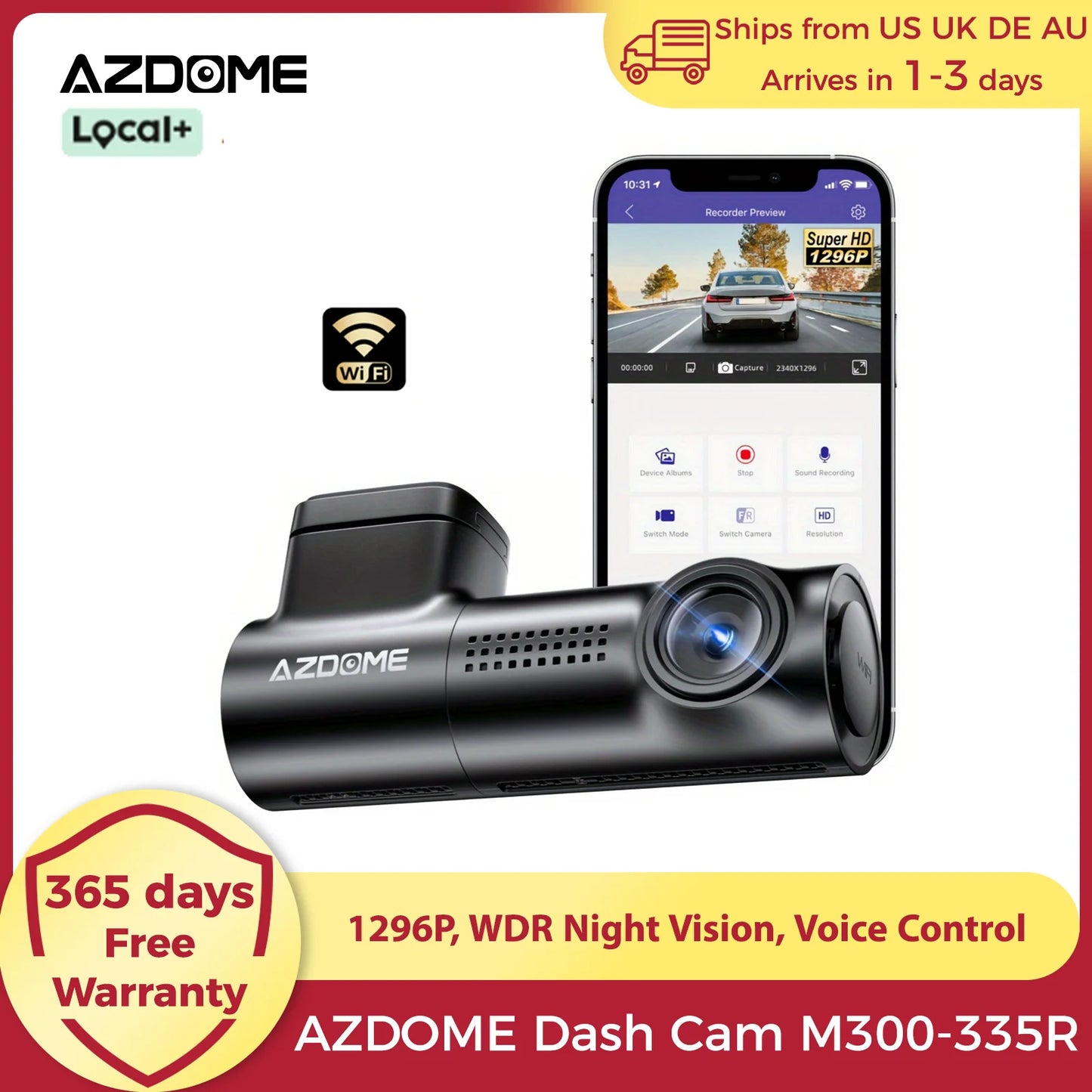AZDOME Dash Cam 1296P WiFi Dash Camera for Cars Voice Control Dashcams Night Vision Loop Recording G-Sensor 24H Parking Monitor