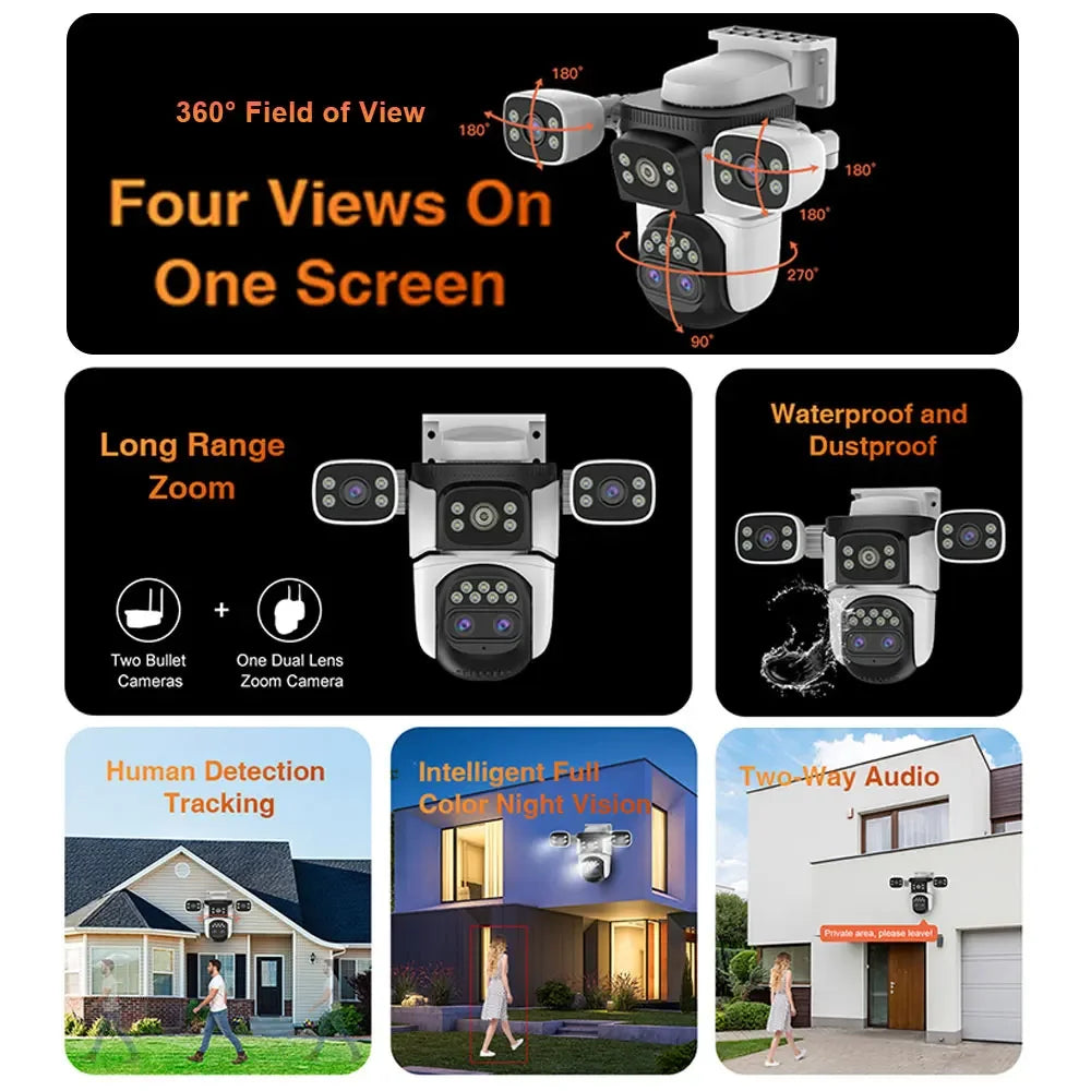 Vstarcam 4K 8MP IP Camera Four Lens Security Outdoor WIFI Smart Tracking Cam Video Surveillance 10X Zoom IP66 Waterproof Camera