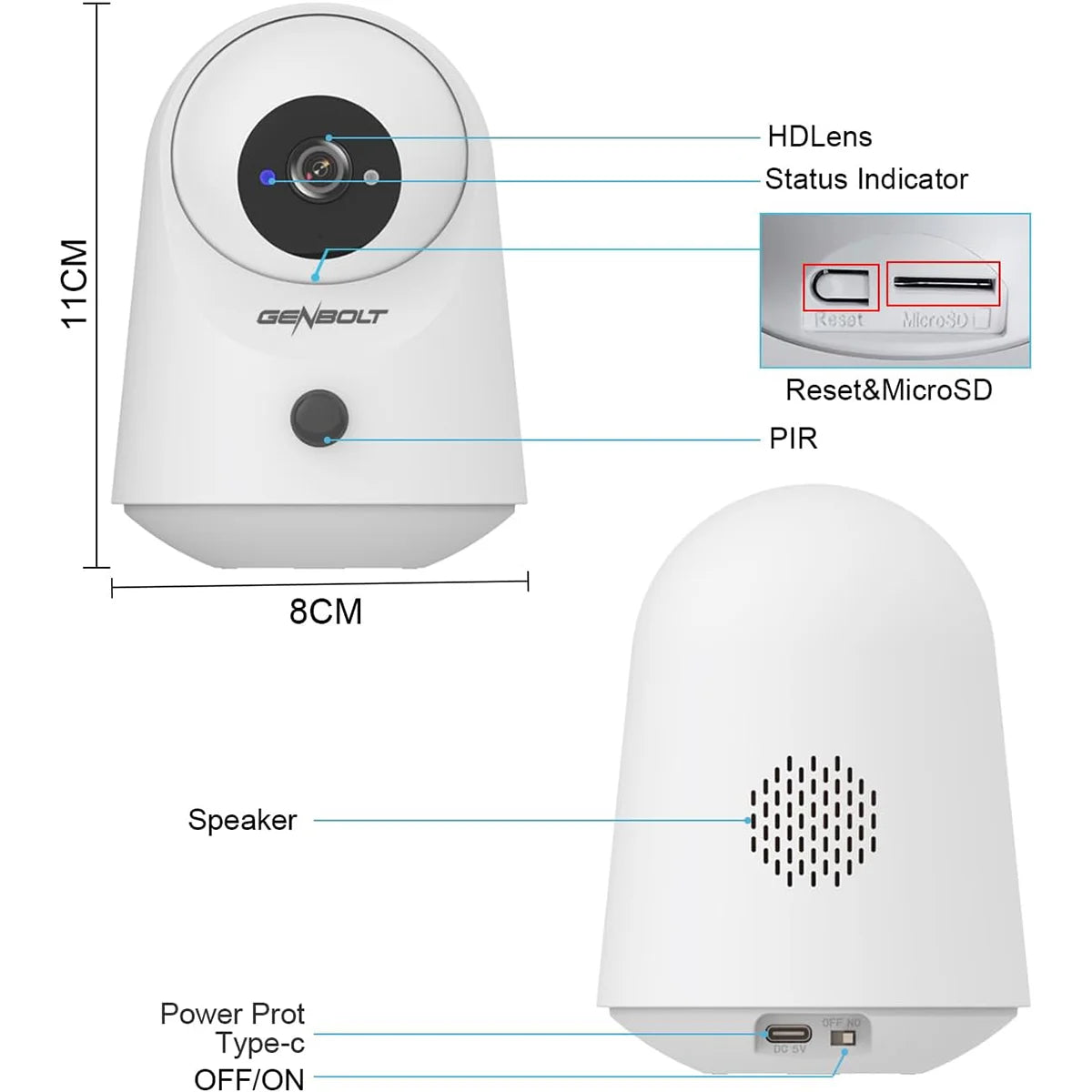 GENBOLT 2K WiFi Indoor House Security Camera Wireless, Pan Tilt Pet Camera with 5000mAh Battery Powered, IP Camera CCTV Nanny Dog Cam Baby Monitor with PIR Detection