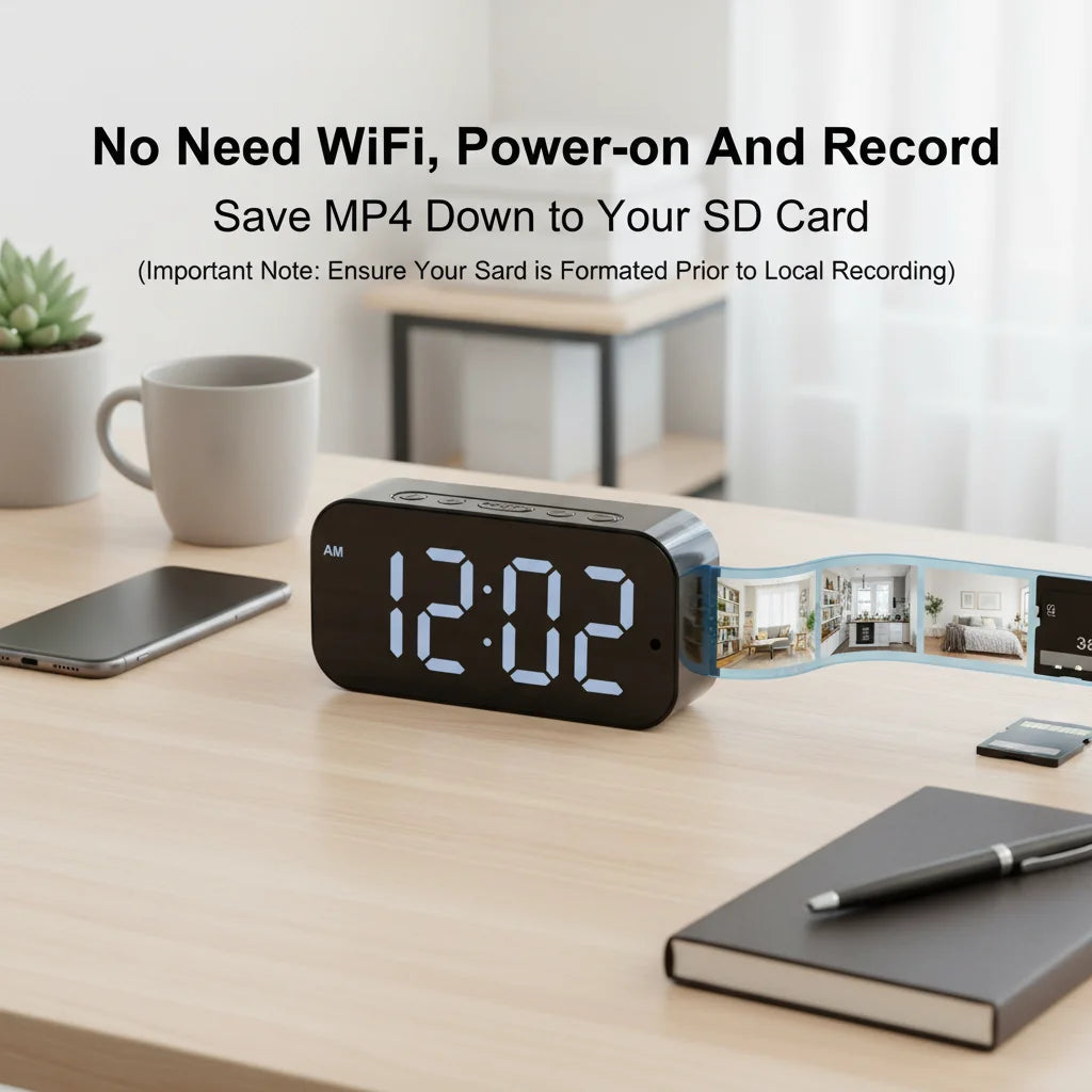1080P HD WiFi Alarm Clock Security Camera Wireless Indoor Surveillance Monitor with Motion Detection, Remote View, Micro SD Card Loop Recording, Multifunctional Desk Clock Alarm Device for Home Bedroom Office Shop Warehouse I
