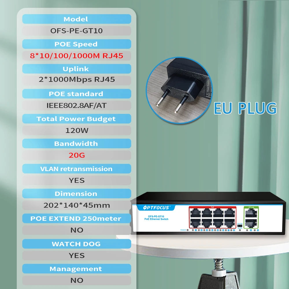 OPTFOCUS 120W PoE Switch With Eight PoE Ports And SFP