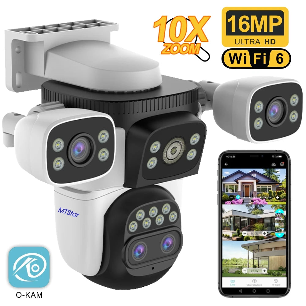 Four Lens Three Screen 16MP 10X Zoom Wifi Outdoor Surveillance Security Camera Full Color Night Vision Two-way Voice