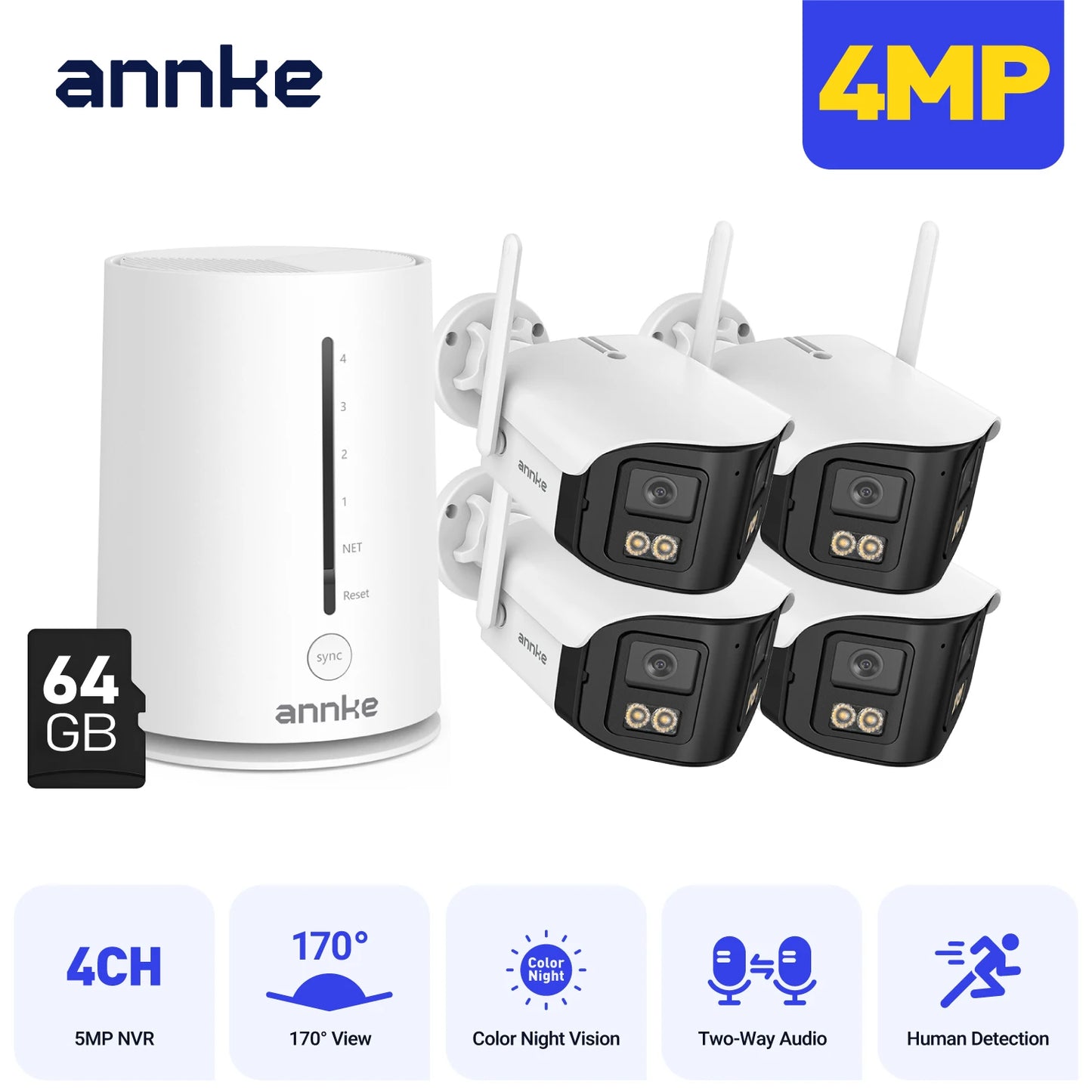 ANNKE 4MP Wifi security camera 4CH Wireless NVR 1/2/3/4PCS 4MP wifi camera outdoor Two Way Audio 64GB TF Dual Lens poe cameras