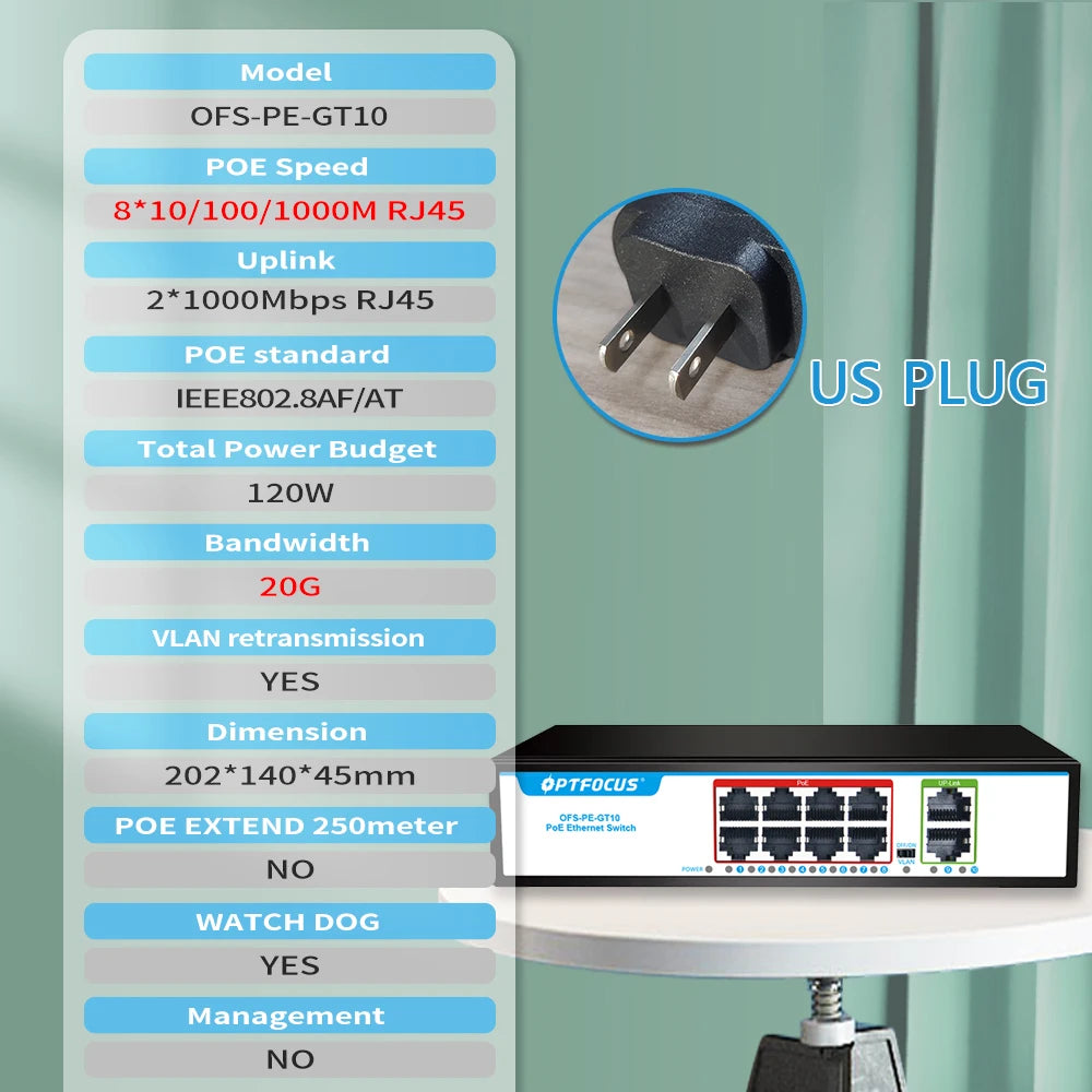 OPTFOCUS 120W 8 gigait poe+2 RJ45+2 SFP Gigabit fiber Durable PoE+ SFP Fibra 8 portas Ativo Passivo Sfp Poe 48v Gigabit Switch