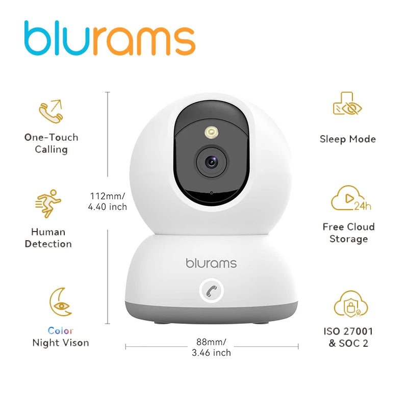 blurams Indoor Security Camera 2K, Home Security Camera for Dog/Baby Monitor/Elder, Security Camera with One-Touch Call, Color N
