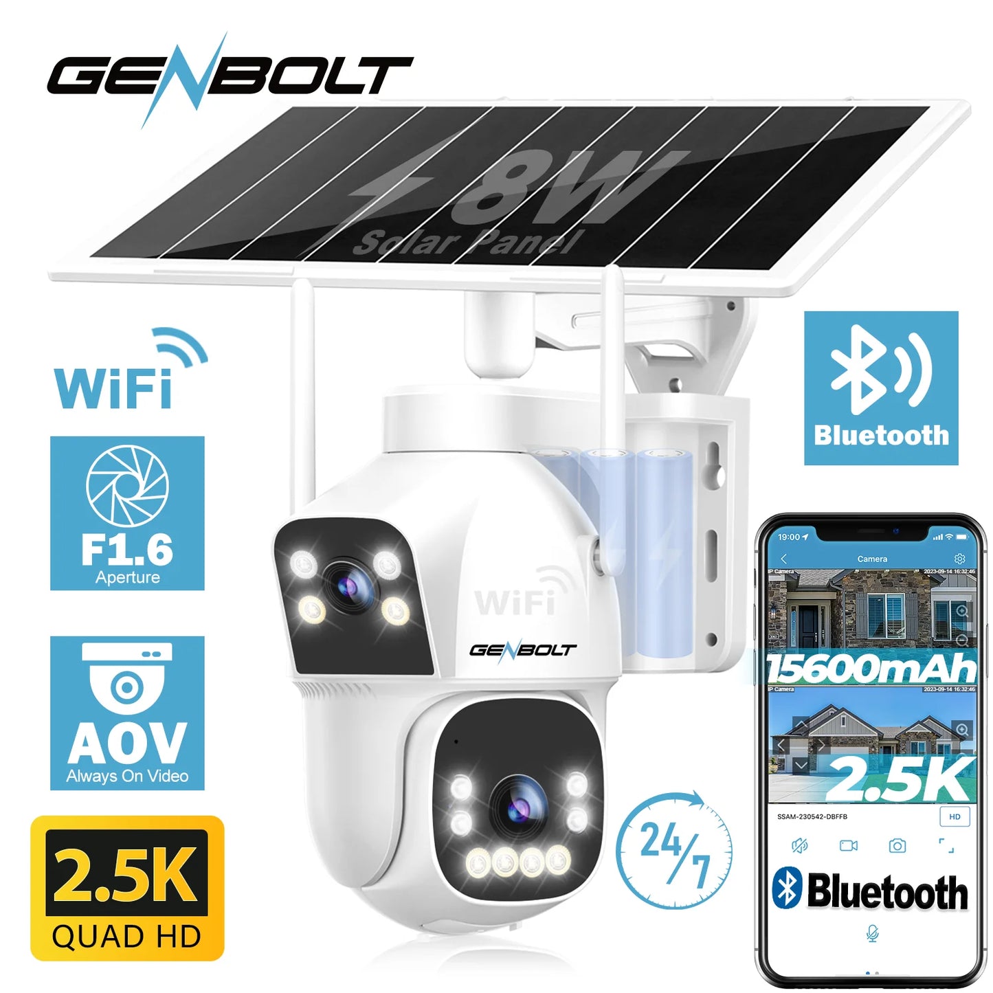 GENBOLT Outdoor Solar Security WIFI Camera AOV 24/7,Dual Motion Detection,15600mAh Battery Night Vision for Patio/Garage